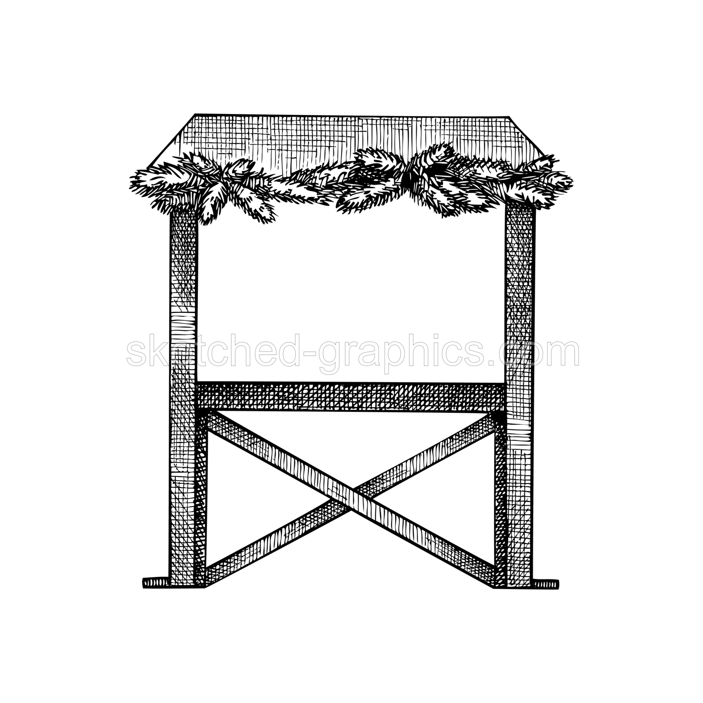 Christmas market stall kiosk sketch. Hand-drawn vector illustration. Traditional winter Christmas fair marketplace.  Wooden booth with table for fast food, garlands decoration, Illustration
